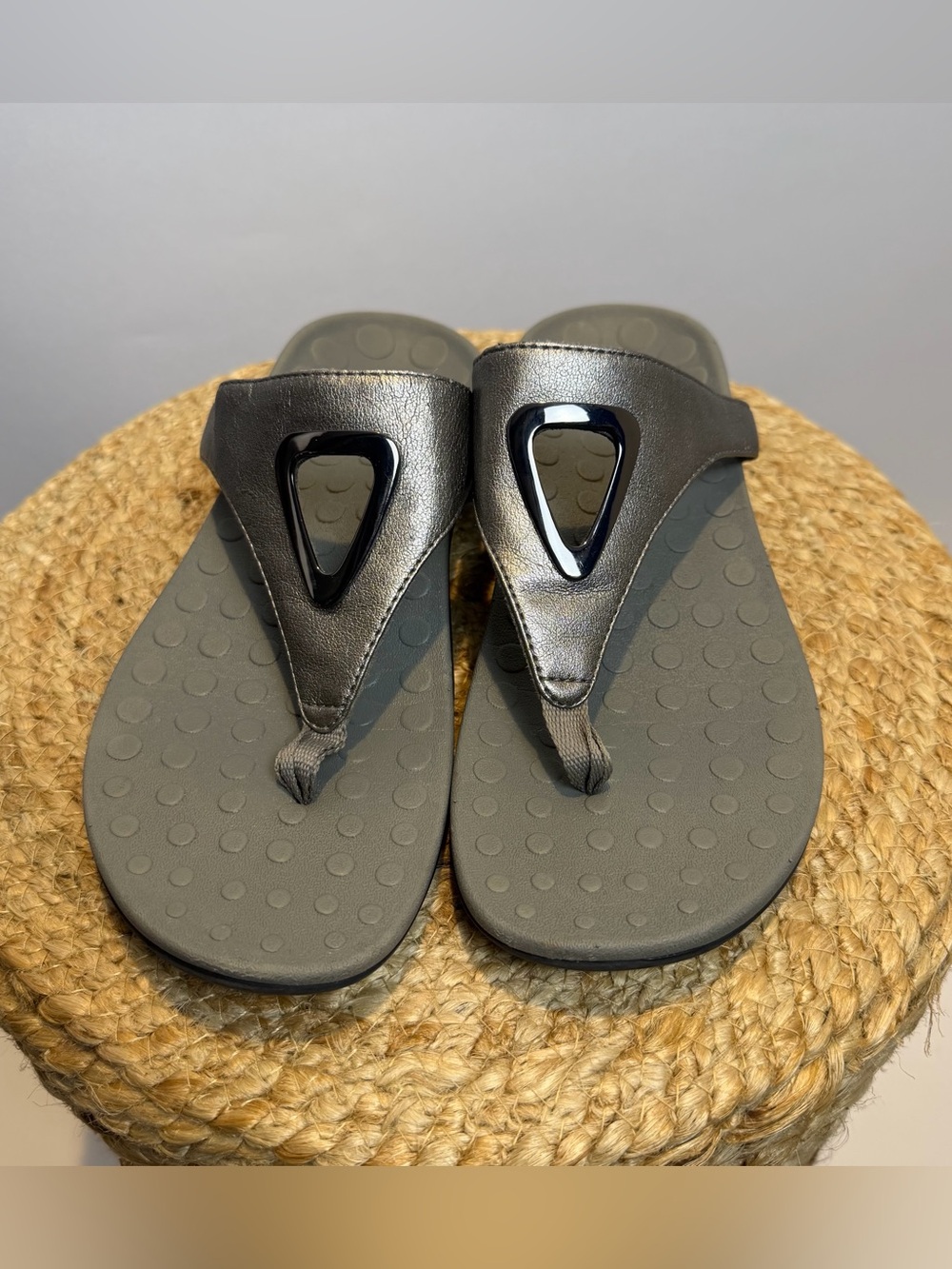 orthaheel Black Metallic Slide Sandal with Gloss Detail